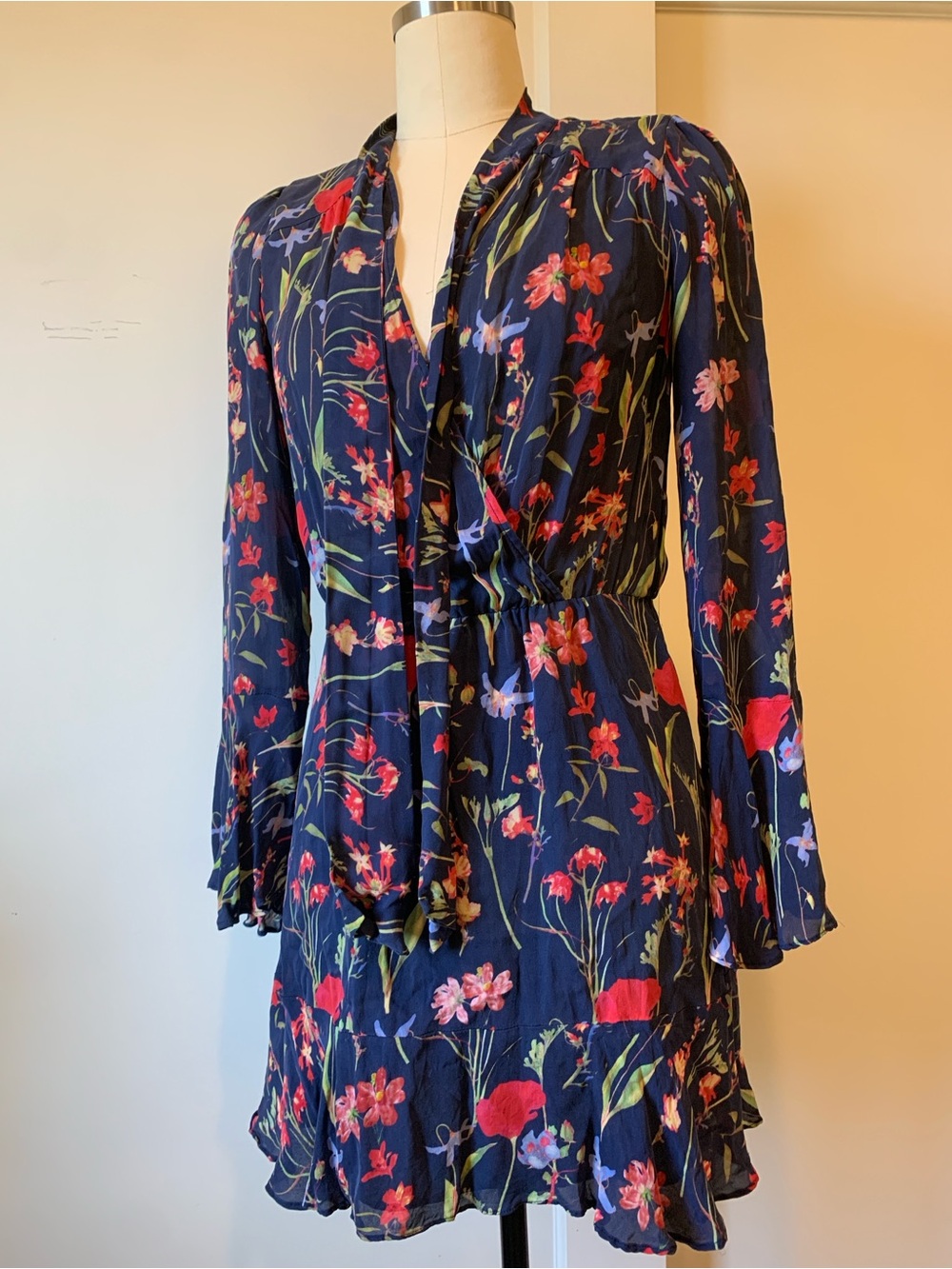 Parker Silk Flounce Hem and Cuffs Navy Floral Long-Sleeve Tie-Neck Dress